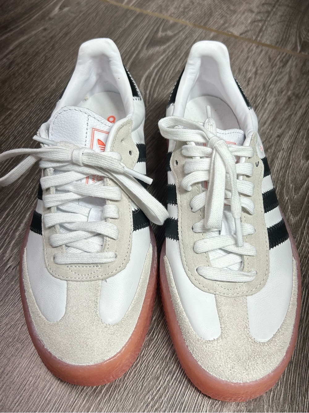 Adidas Samba White Leather Sneakers with Black Stripes & Orange Gum Sole - Picture 2 of 9